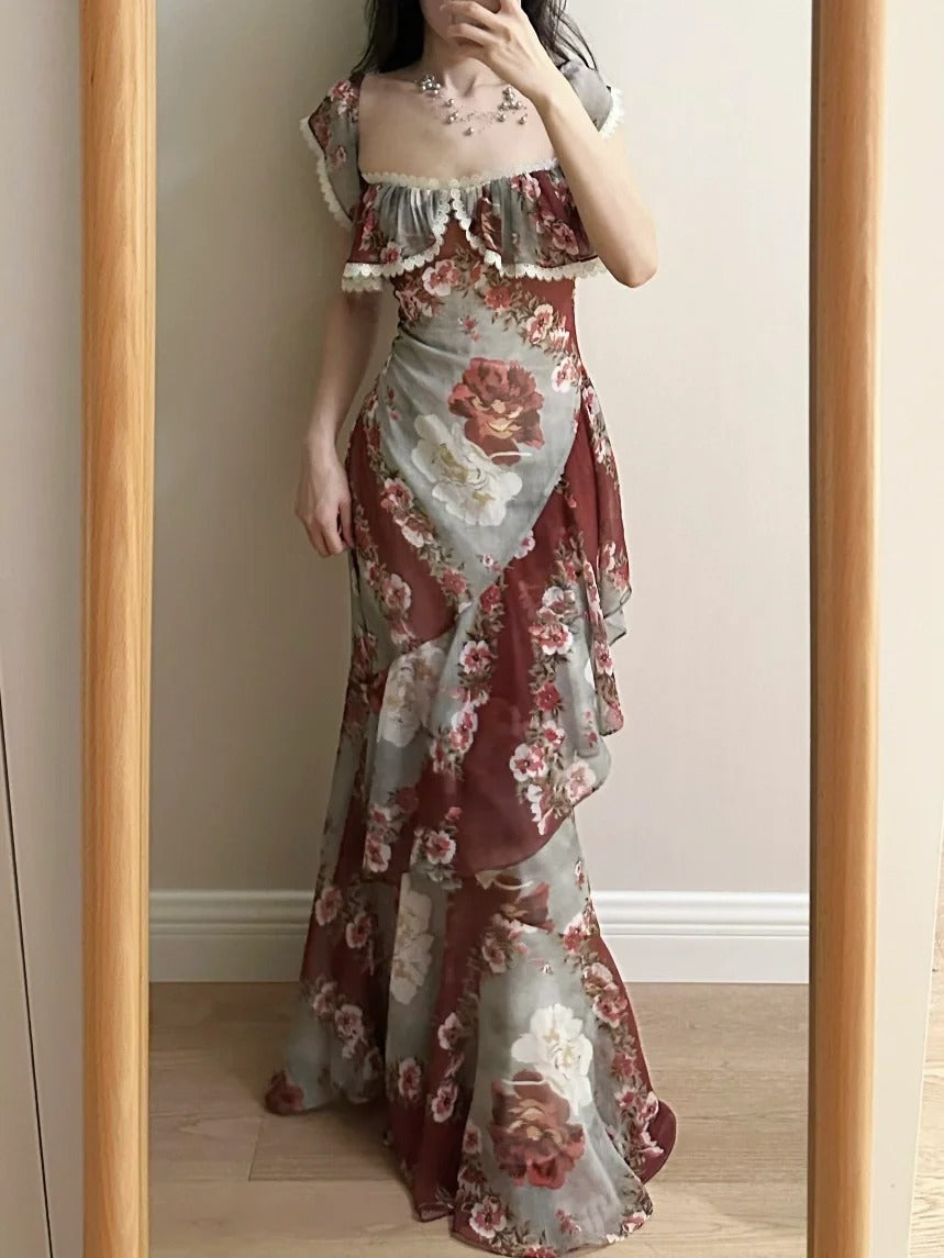 Retro Mermaid Print Ruffled Chiffon Long Prom Dress Evening Dress cc5367