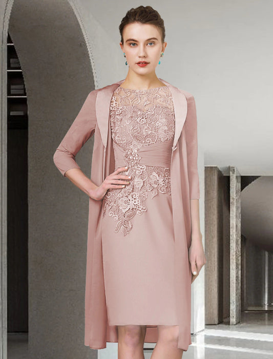 Two Piece Sheath / Column Mother of the Bride Dress Fall Wedding Guest Church Plus Size Elegant Jewel Neck Knee Length Chiffon Lace Half Sleeve Wrap Included Jacket Dresses