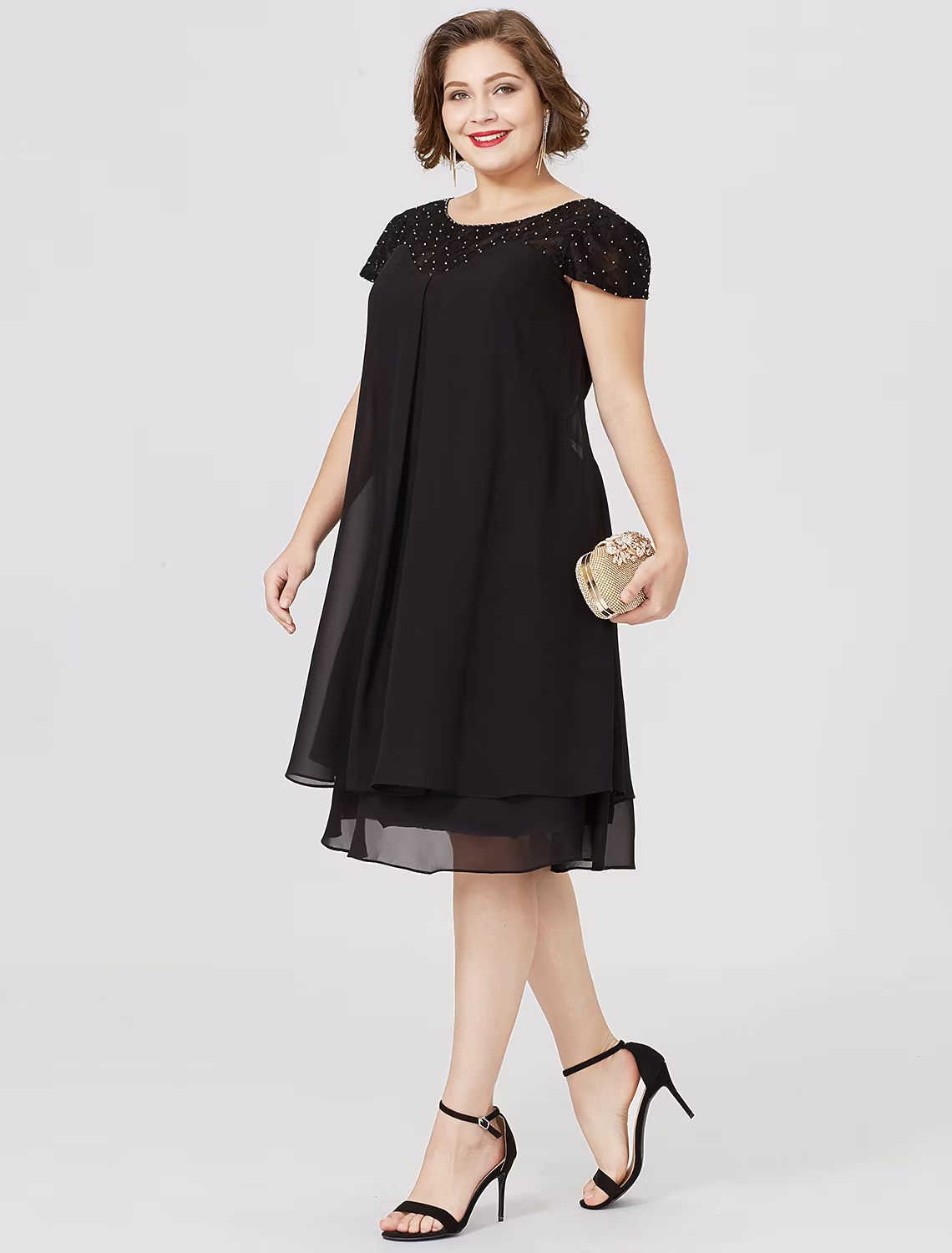 Mother of the Bride Dress Formal Little Black Dress Plus Size Knee Length Chiffon Lace Short Sleeve No with Pleats Beading Lace Insert
