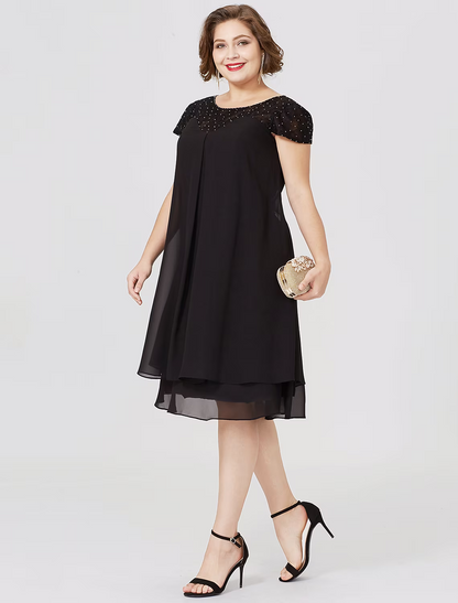 Mother of the Bride Dress Formal Little Black Dress Plus Size Knee Length Chiffon Lace Short Sleeve No with Pleats Beading Lace Insert