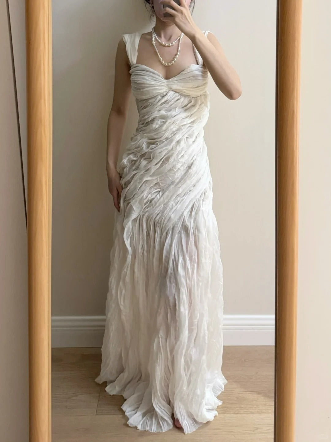 Elegant Ivory Pleated Satin Long Prom Dress Evening Dress cc5371