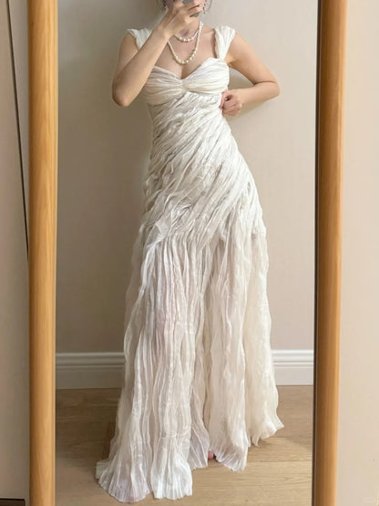 Elegant Ivory Pleated Satin Long Prom Dress Evening Dress cc5371