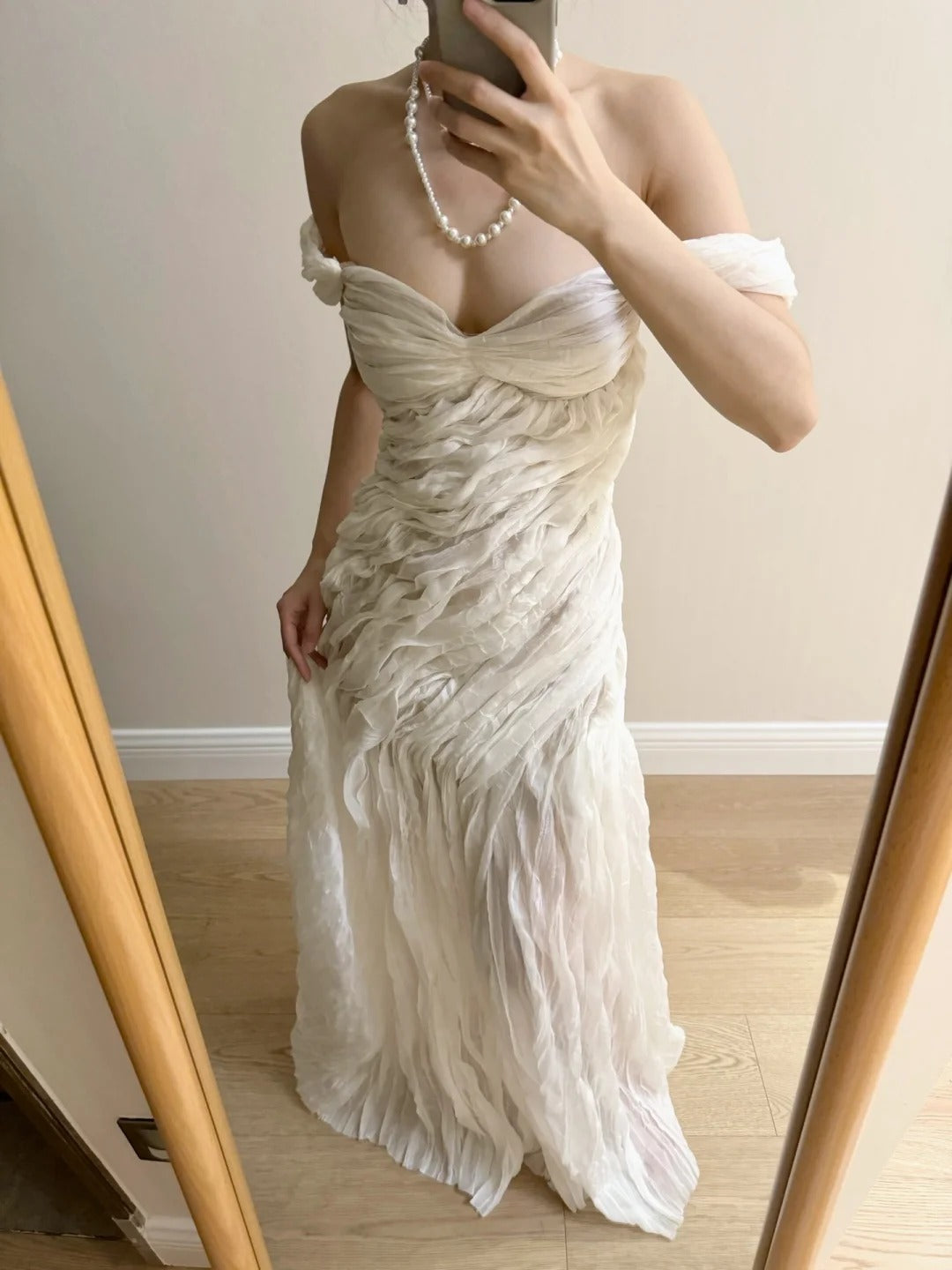 Elegant Ivory Pleated Satin Long Prom Dress Evening Dress cc5371