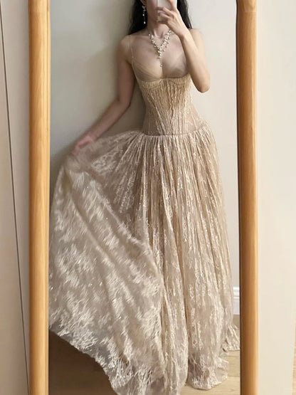 Elegant Nude Apricot A-line Deep V Halter Lace Long Prom Dress Evening Dress Bridesmaid Dress cc5372