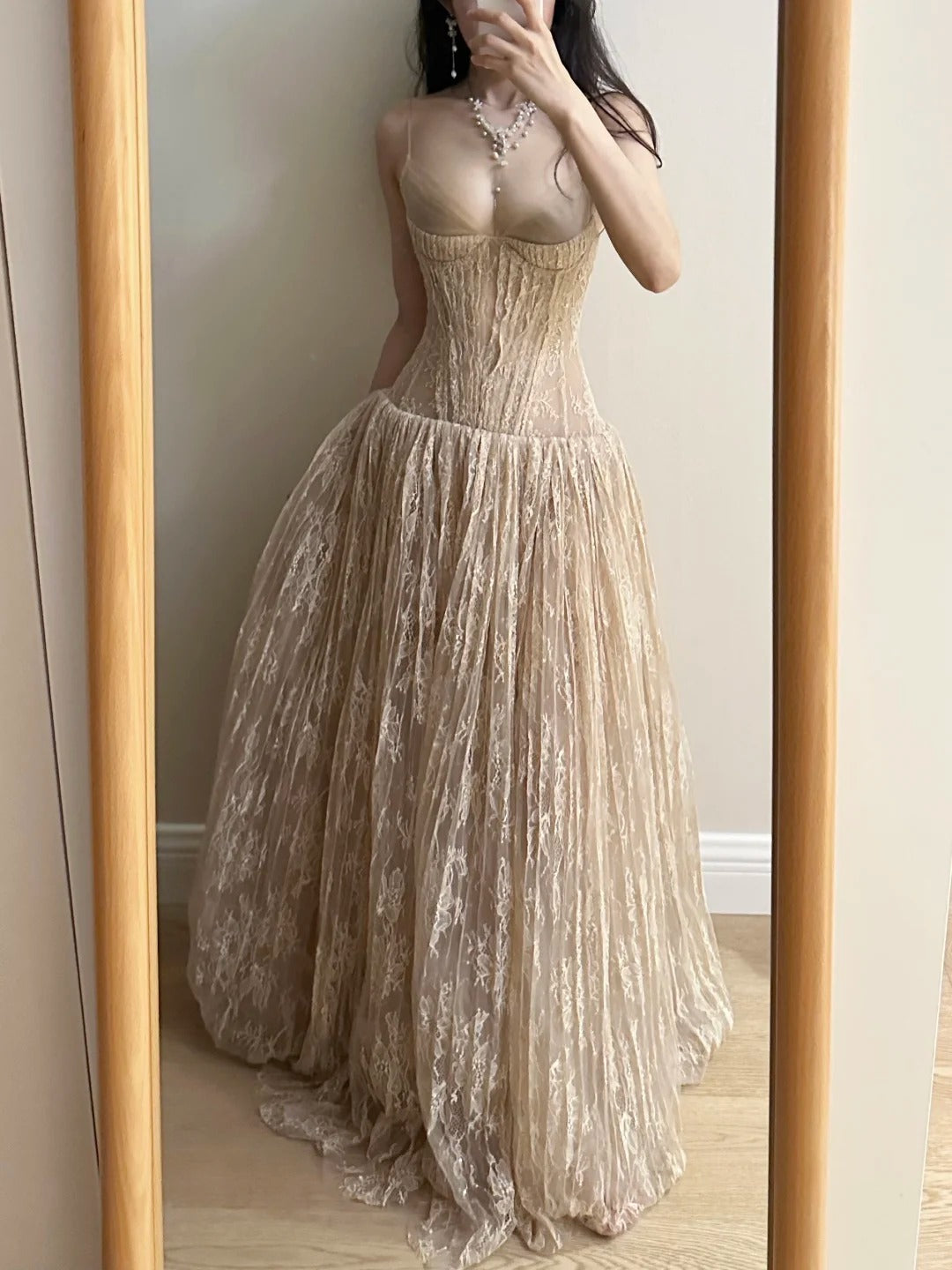 Elegant Nude Apricot A-line Deep V Halter Lace Long Prom Dress Evening Dress Bridesmaid Dress cc5372