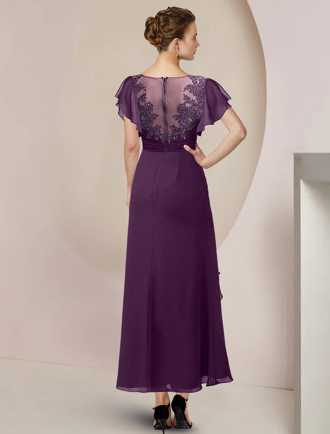 A-Line Mother of the Bride Dress Formal Wedding Guest Elegant Scoop Neck Tea Length Chiffon Lace 3/4 Length Sleeve with Beading