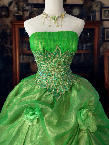 Girlhomeshops-Green gorgeous floral exquisite beaded long tulle ball gown gh5354
