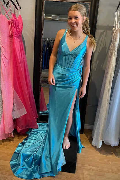 Pink V-Neck Ruched Mermaid Long Formal Dress with Slit