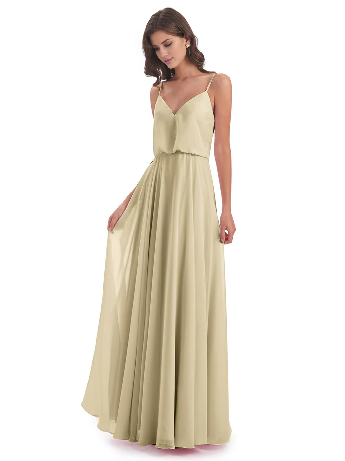 Simple slim shoulder chiffon and floor length bridesmaid dress