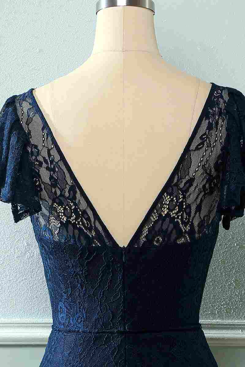Royal Blue Lace Backless Cap Sleeve Bridesmaid Dress