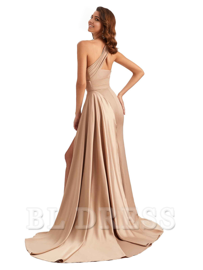 Mermaid One shoulder Satin formal dresses evening gown Bridesmaid Dresses With Side Slit