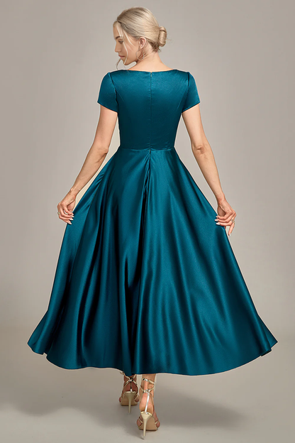 A-line V-neck Pleated Satin Mother of the Bride Dress