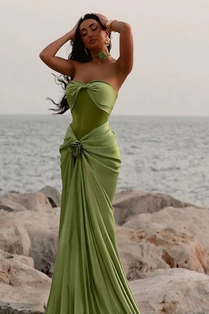 Modest Mermaid Sweetheart Sage Green Long Satin Prom Dresses Evening Dress HZ1024