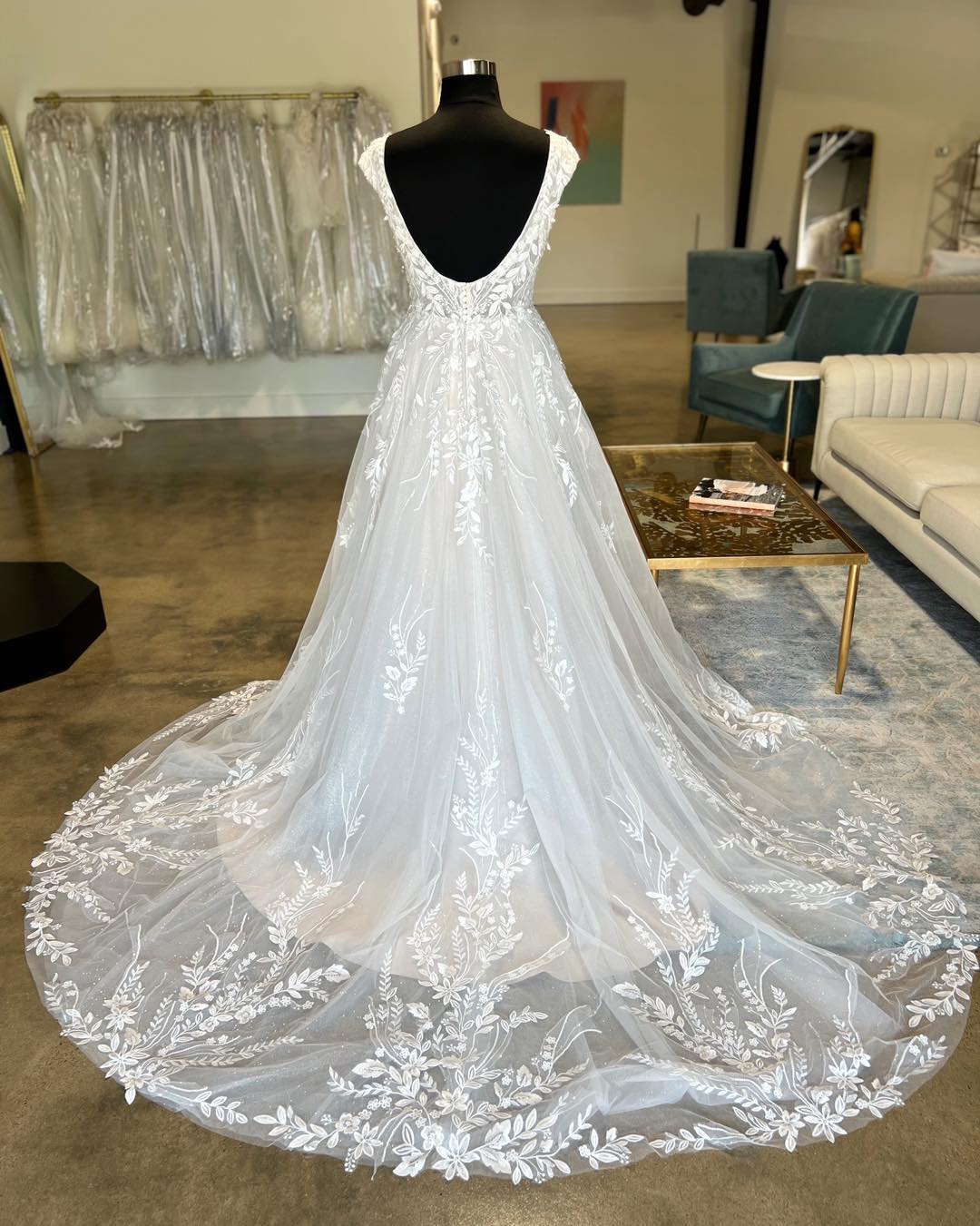 White Tulle Lace Plunge V Backless Long Bridal Gown