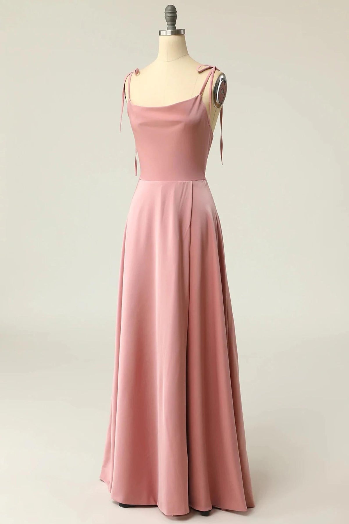 Peach Satin Square Neck Tying Straps Long Bridesmaid Dress