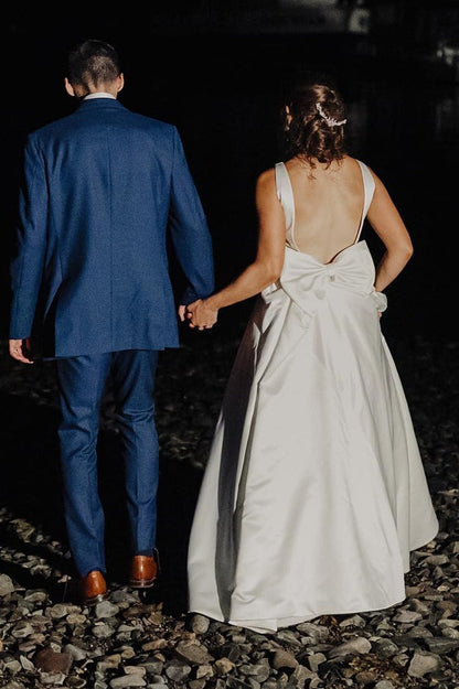 White Satin Bateau Beaded Wedding Dress with Bow