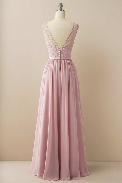 Blush Lace Sleeveless Backless Pleated Bridesmaid Dress