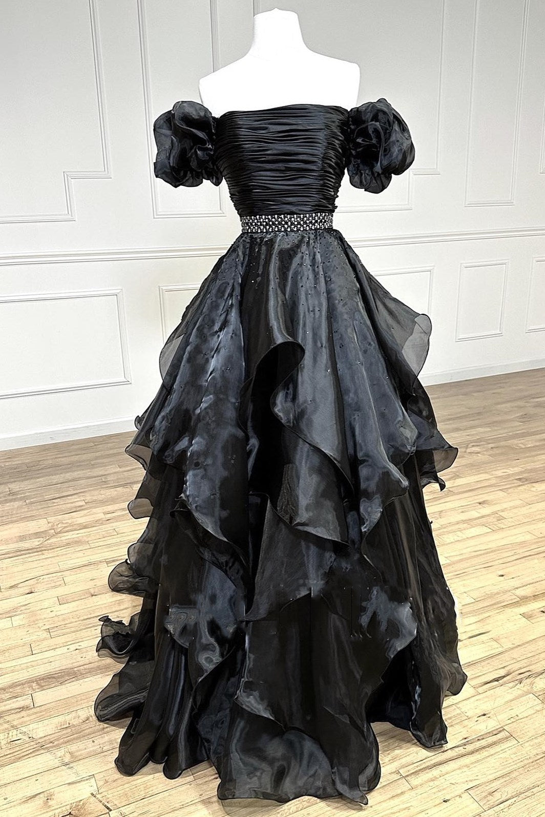 Red Off-the-Shoulder Puff Sleeve Multi-Layer Long Prom Dress