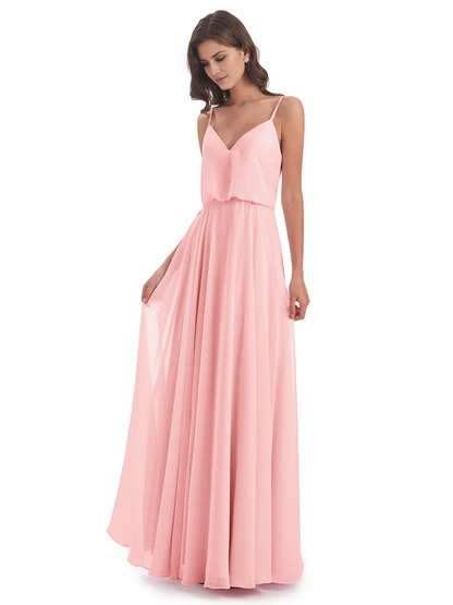 Simple slim shoulder chiffon and floor length bridesmaid dress