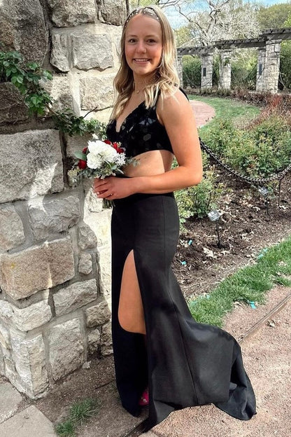 Red Mirror-Sequins Plunging V Neck Long Prom Dress with Slit
