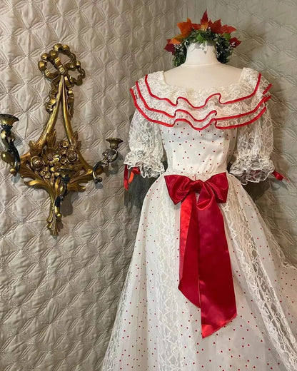 Retro White And Red Color-Blocked Ruffled Collar Polka Dot Bow Lace A-line Long Prom Dress Evening Dress cc5376