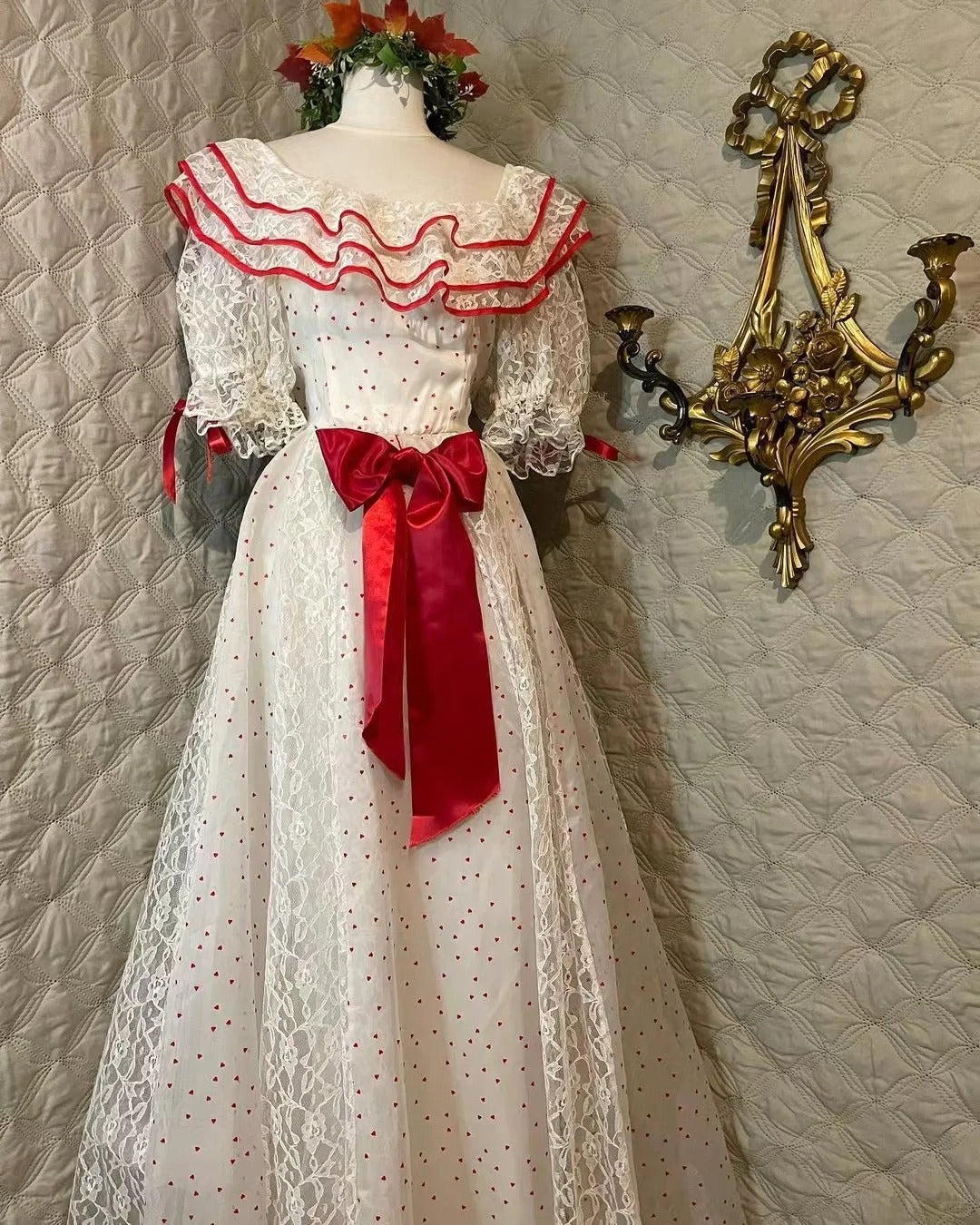 Retro White And Red Color-Blocked Ruffled Collar Polka Dot Bow Lace A-line Long Prom Dress Evening Dress cc5376