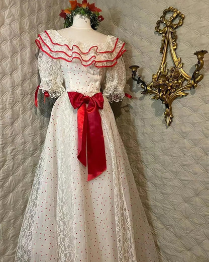 Retro White And Red Color-Blocked Ruffled Collar Polka Dot Bow Lace A-line Long Prom Dress Evening Dress cc5376