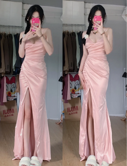 Sweet Pink Mermaid V-neck Spaghetti Strap Satin Slit Long Prom Dress Evening Dress cc5378