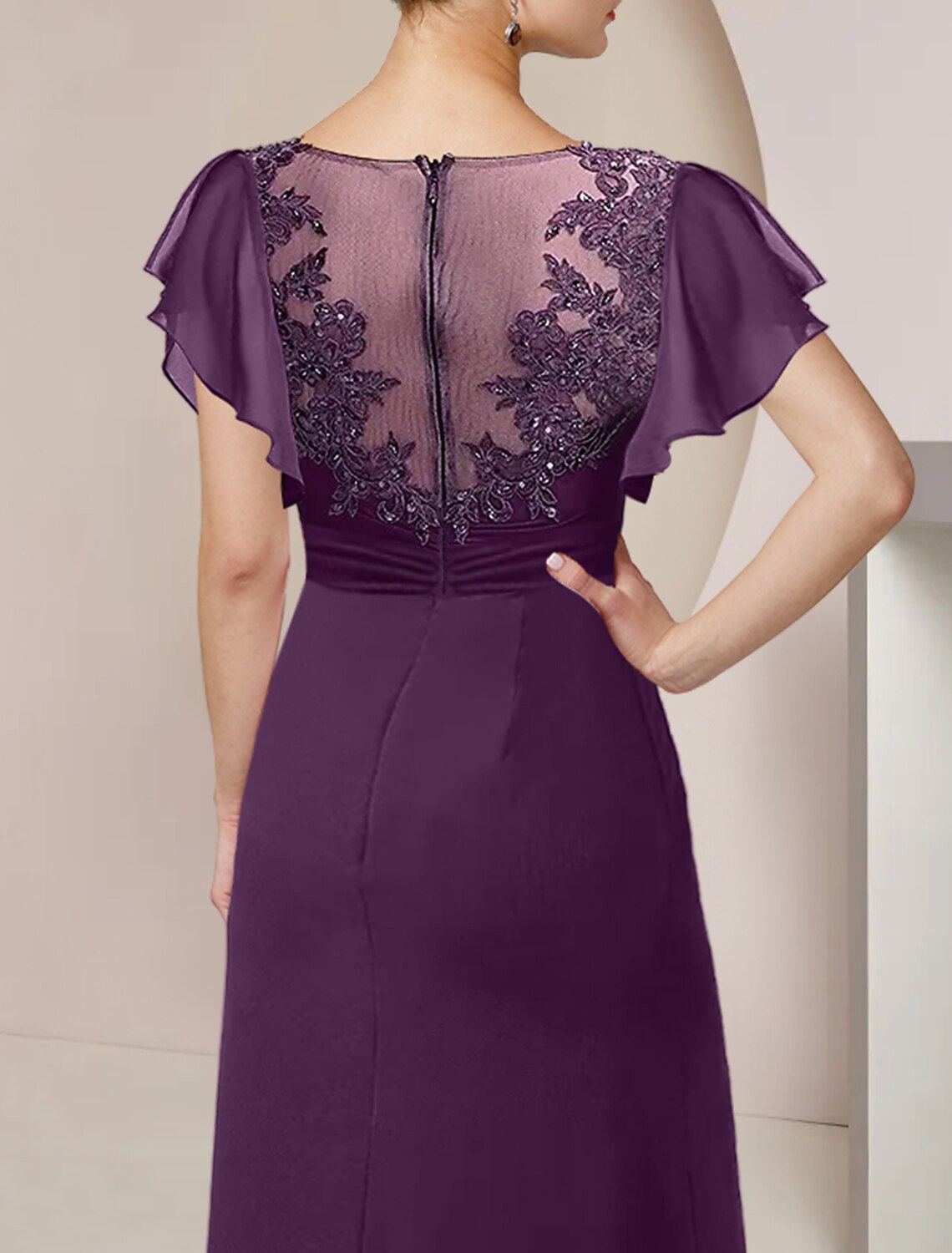 A-Line Mother of the Bride Dress Formal Wedding Guest Elegant Scoop Neck Tea Length Chiffon Lace 3/4 Length Sleeve with Beading