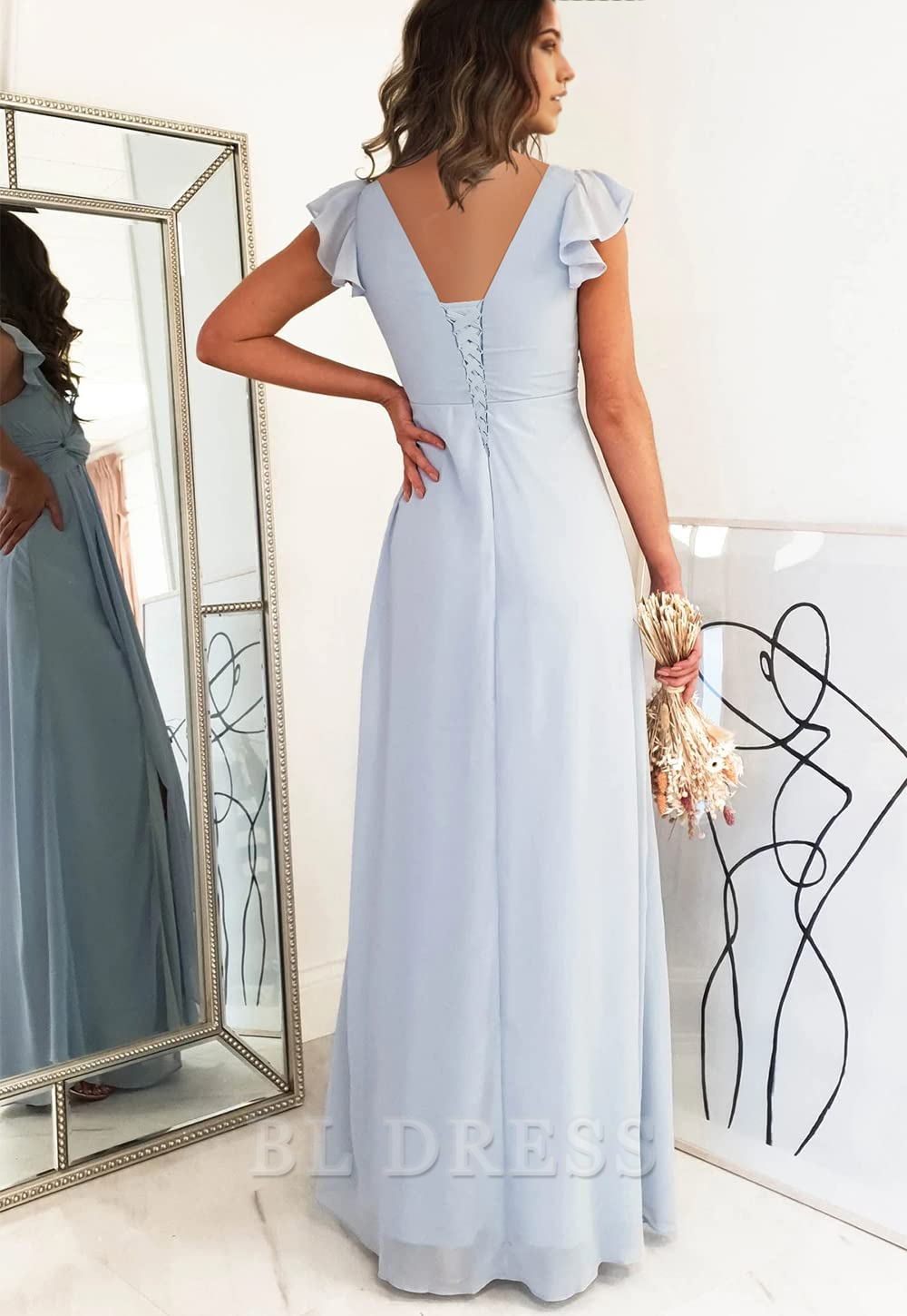 A-line V Neck Chiffon Long formal dresses Bridesmaid Dresses evening gown Prom Dress with Sleeves