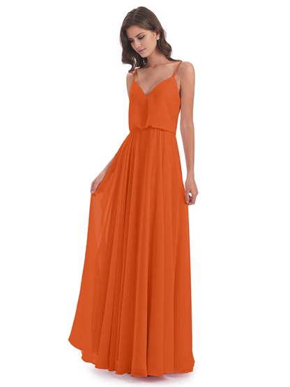 Simple slim shoulder chiffon and floor length bridesmaid dress