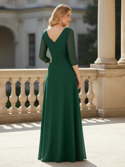 3/4 Sleeves Pleated V-neck Chiffon Floor-length Dress Dark Green