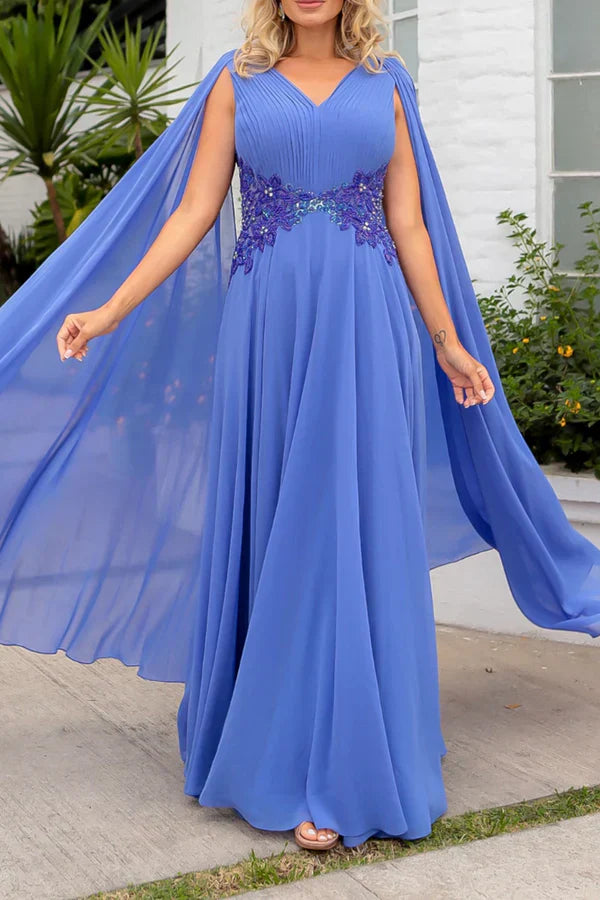 A-line V-neck Chiffon Pleated Beads Elegant Large Size Mother of the bride dress