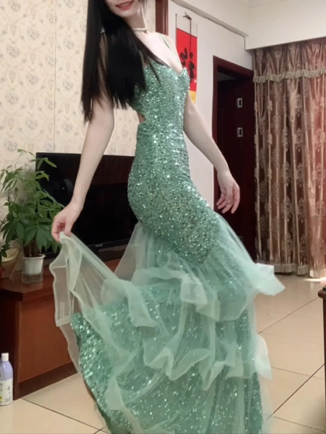 Dreamy Princess Mint Green Mermaid Spaghetti Strap Backless Sequined Long Prom Dress Evening Dress cc5379