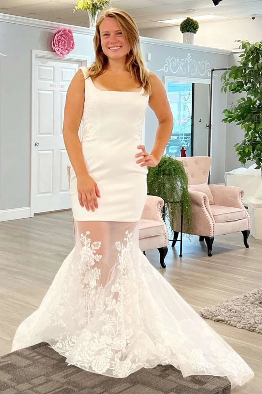 Spliced Square Neck Trumpet Long Wedding Dress