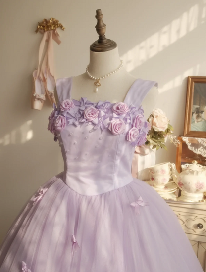Sweet Princess Light Purple 3D Floral Square Neck Bow Tulle Ball Gown Evening Dress Sweet 16 Dress cc5380