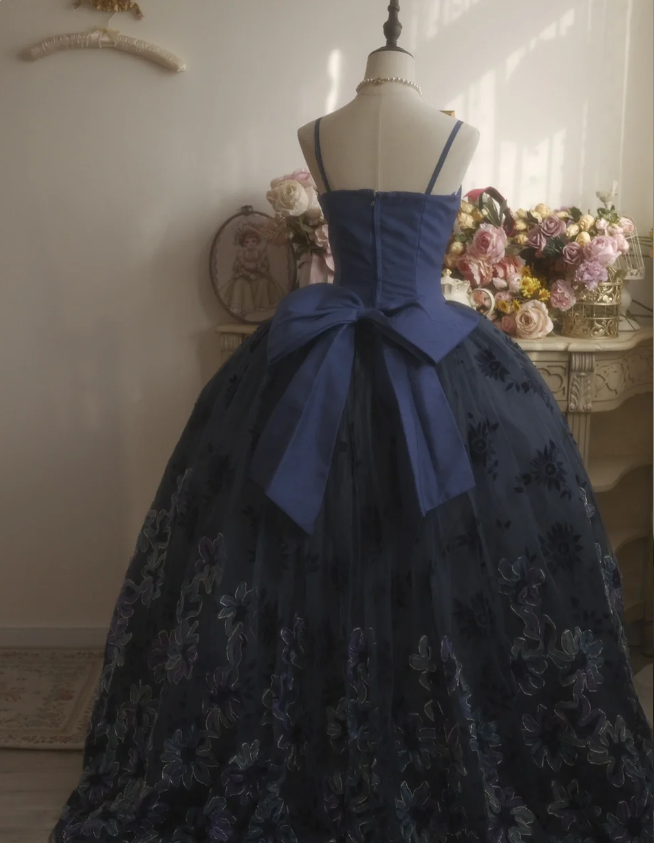 Vintage Elegant Navy Blue Bow Embroidered Train Tulle Ball Gown Evening Dress Sweet 16 Dress cc5381