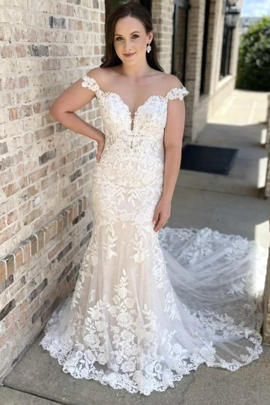 Off-the-Shoulder White Lace Backless Mermaid Long Wedding Gown