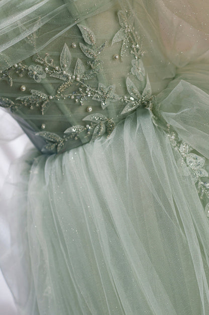 Green Tulle Beaded Ball Gown Off Shoulder Party Dress Sweet 16 Dress Beautiful