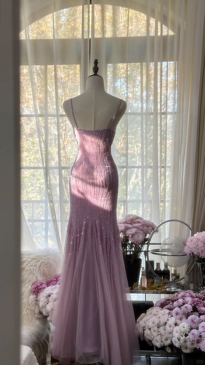 Retro Pink Sparkling Beaded Mermaid Chiffon Ball Gown Evening Dress Prom Dress HZ1024