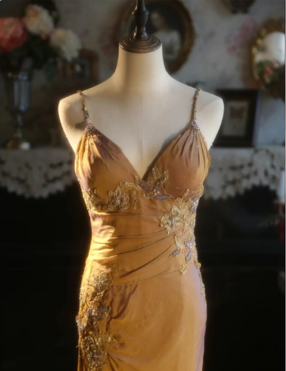 Elegant Ginger Yellow Mermaid V-neck Beaded Embroidered Satin Prom Dress Evening Dress cc5383