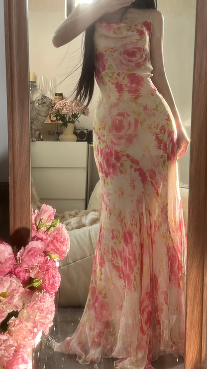 Retro Pink Floral Spaghetti Strap Design Elegant Chiffon Evening Dress Prom Dresses HZ1024