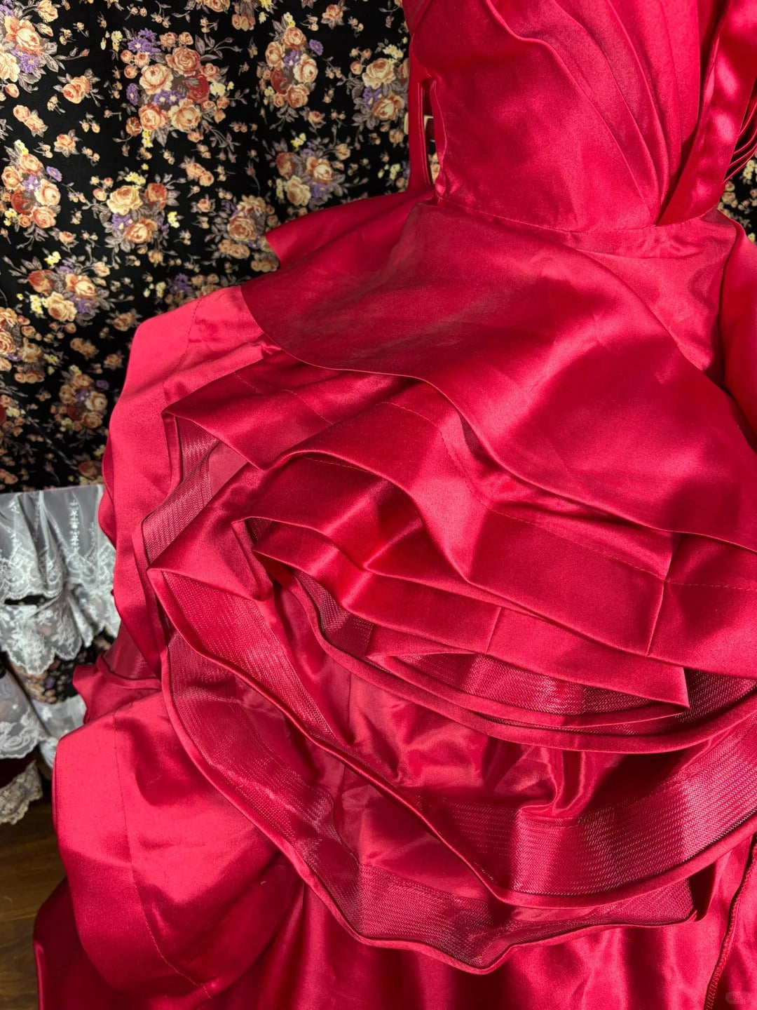 Red rose long satin ball gown evening dress gh4767