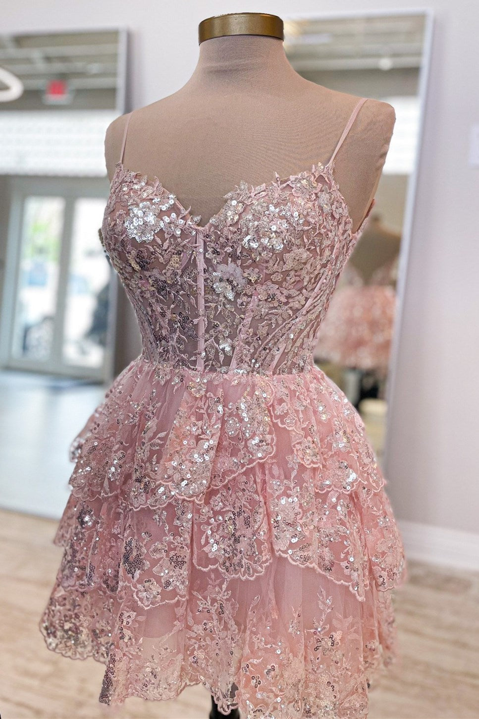 Light Blue Sequin Lace Corset Bodice Tiered Homecoming Dress