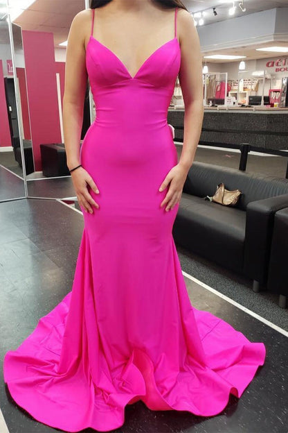 Spaghetti Straps V-Neck Lace-Up Trumpet Long Formal Prom Dress