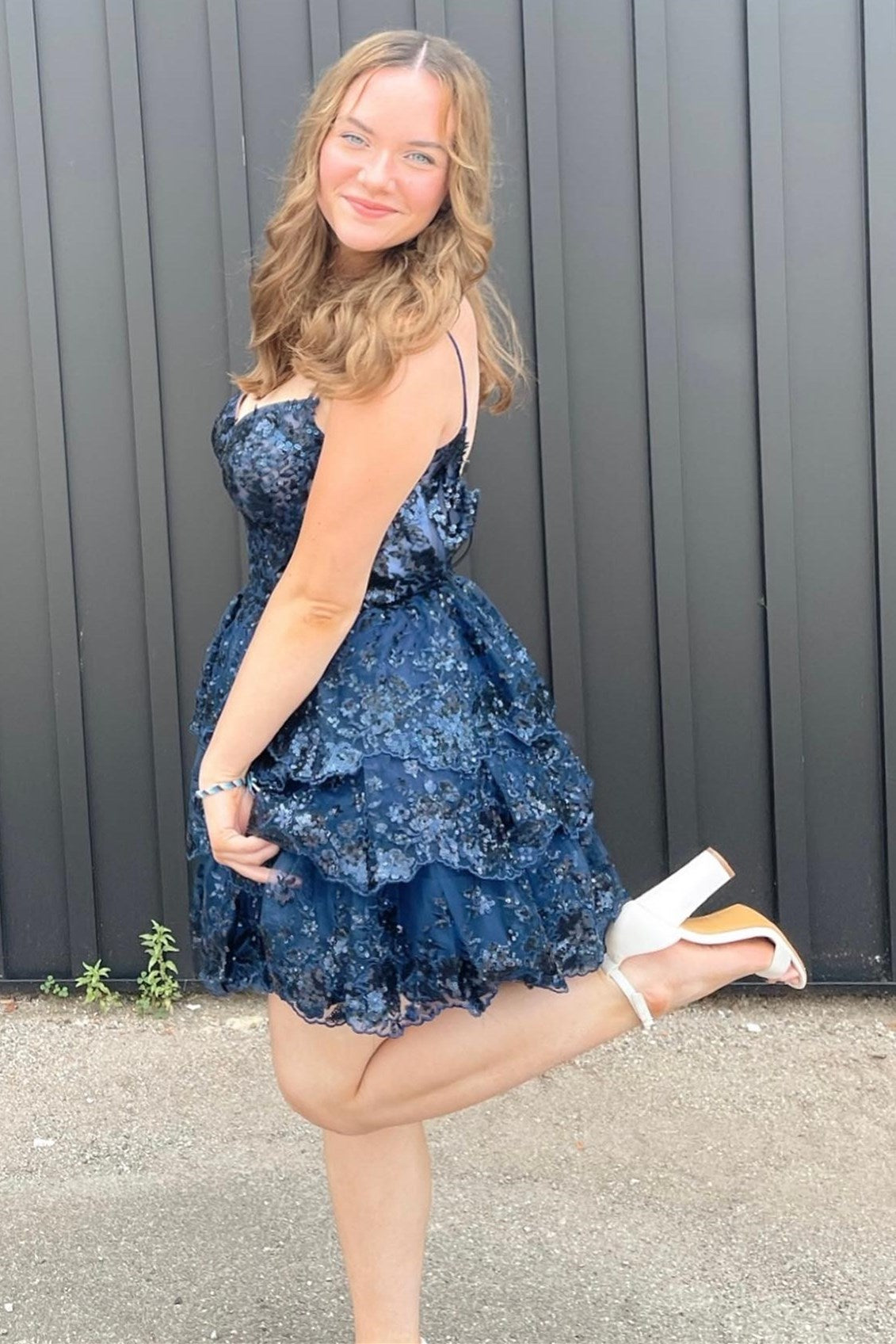 Light Blue Sequin Lace Corset Bodice Tiered Homecoming Dress