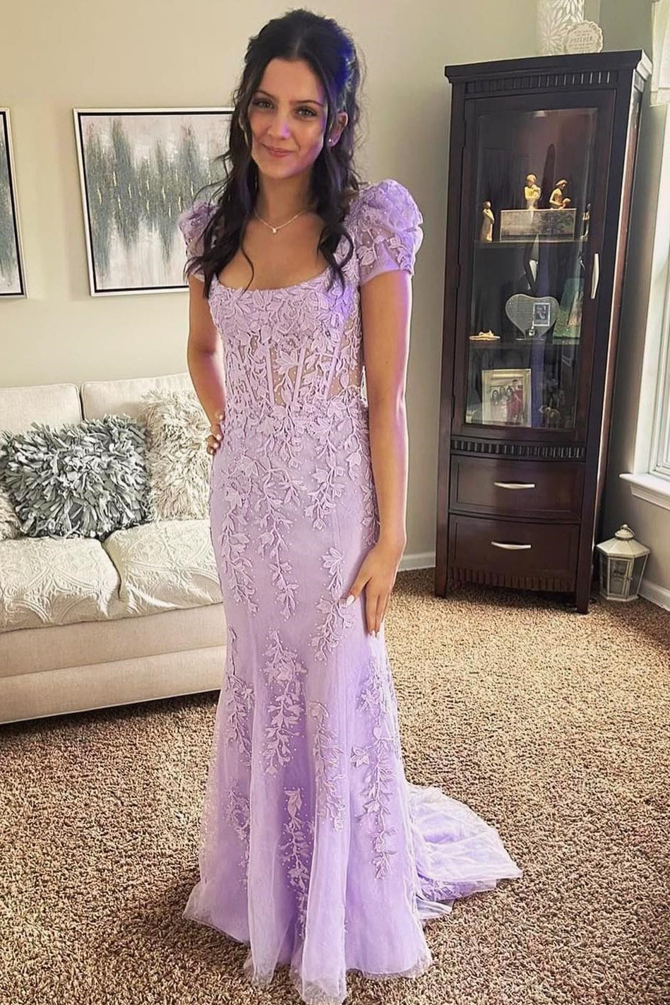 Ivory Square Neck Puff Sleeves Appliques Tulle Long Prom Dress