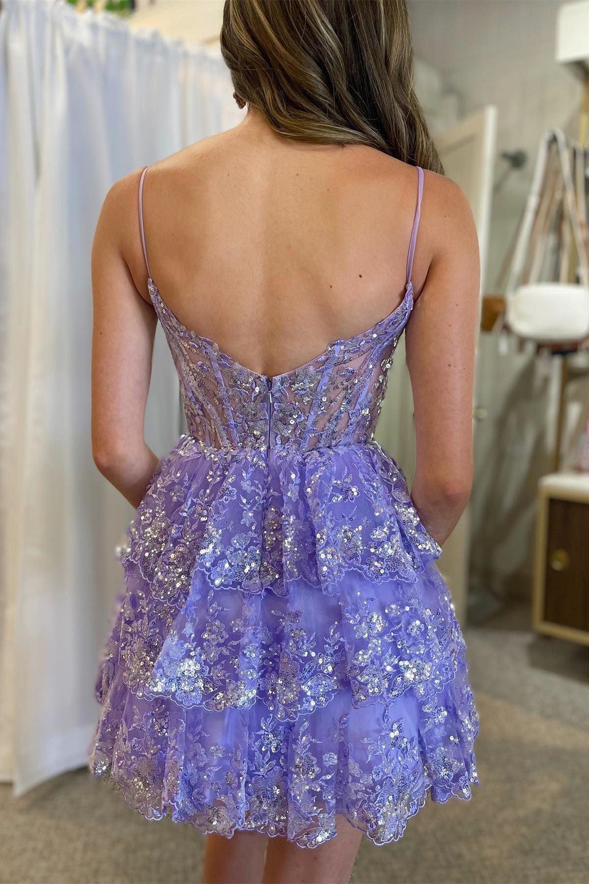Light Blue Sequin Lace Corset Bodice Tiered Homecoming Dress