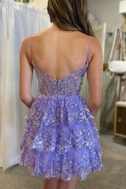 Light Blue Sequin Lace Corset Bodice Tiered Homecoming Dress