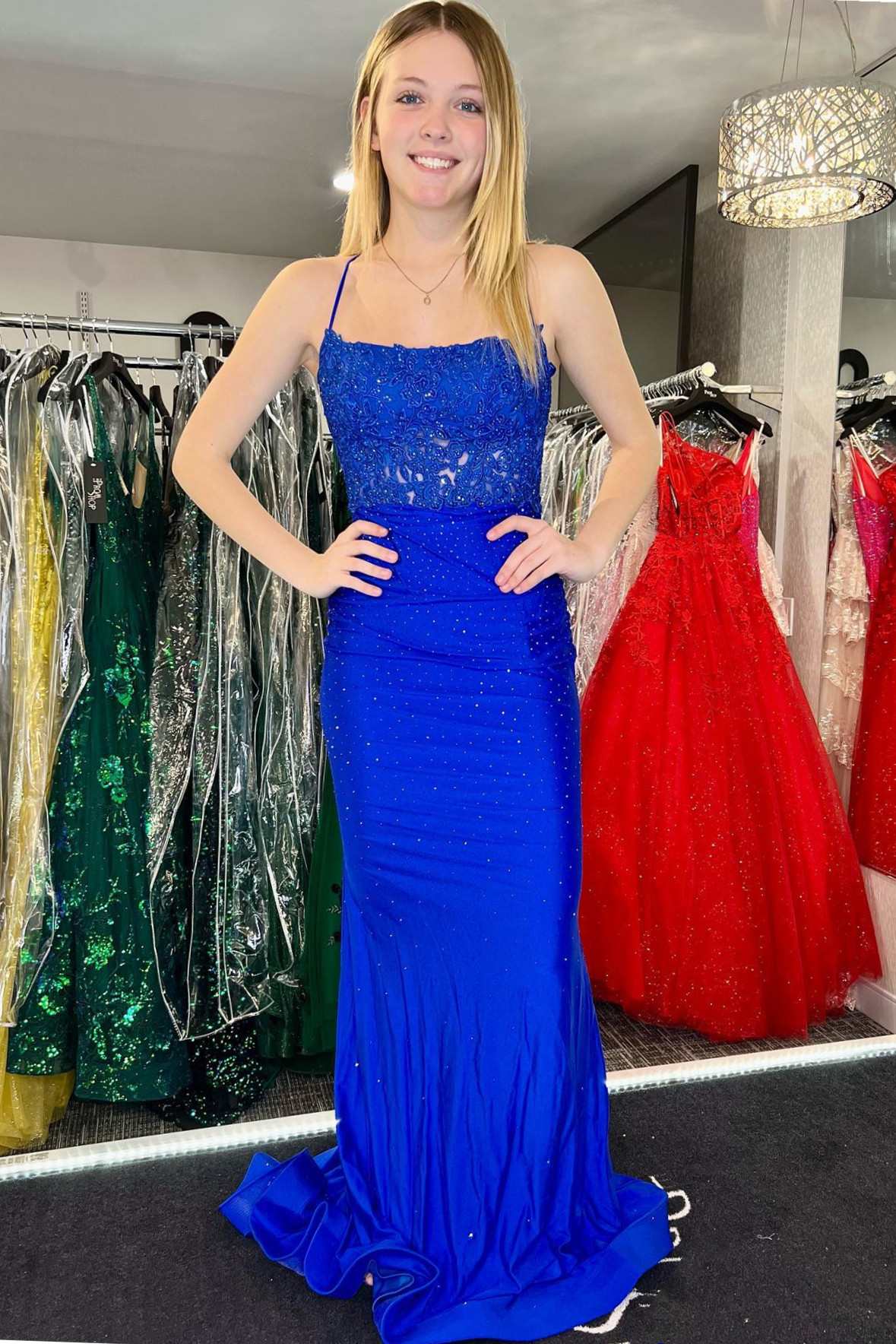 Royal Blue Beaded Applique Cross-Back Mermaid Long Formal Dress
